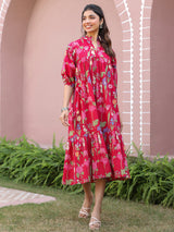 Red Floral Printed Tiered Dress with Mandarin Collar
