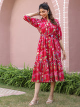 Red Floral Printed Tiered Dress with Mandarin Collar