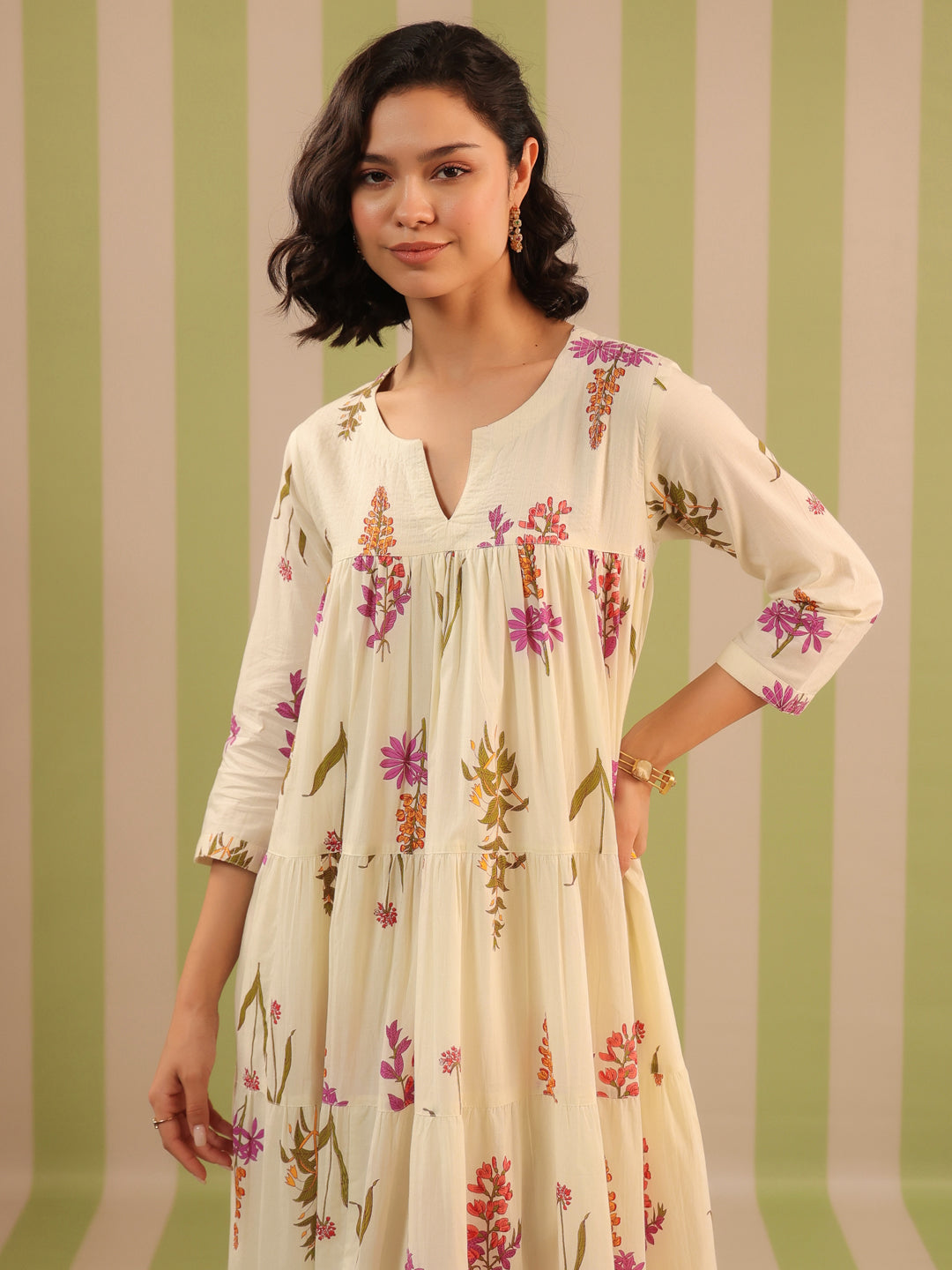 Breezy White Printed Flared Dress with Lining