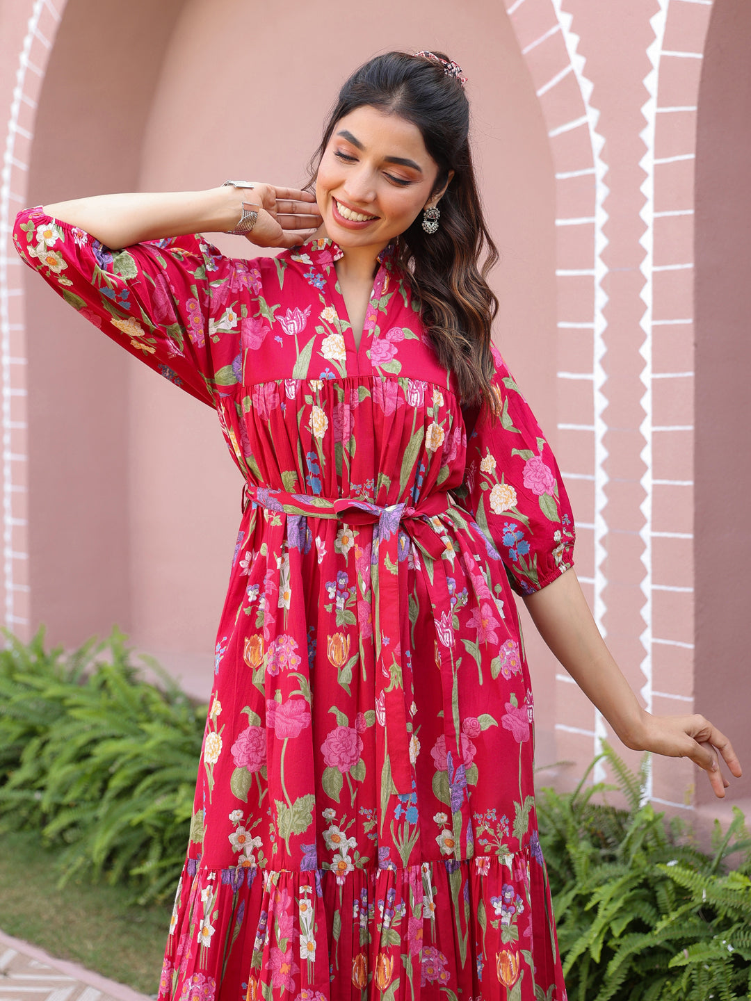 Red Floral Printed Tiered Dress with Mandarin Collar