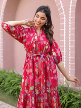 Red Floral Printed Tiered Dress with Mandarin Collar