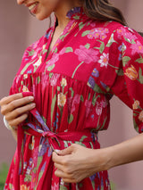 Red Floral Printed Tiered Dress with Mandarin Collar