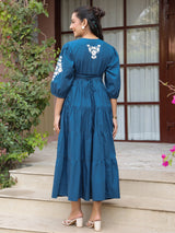 Navy Solid Embroidered Tiered Maxi Dress