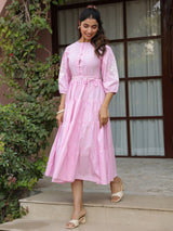 Pink Solid Embroidered Tiered Maxi Dress