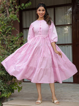 Pink Solid Embroidered Tiered Maxi Dress