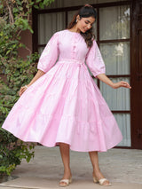 Pink Solid Embroidered Tiered Maxi Dress