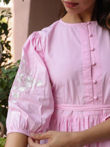 Pink Solid Embroidered Tiered Maxi Dress