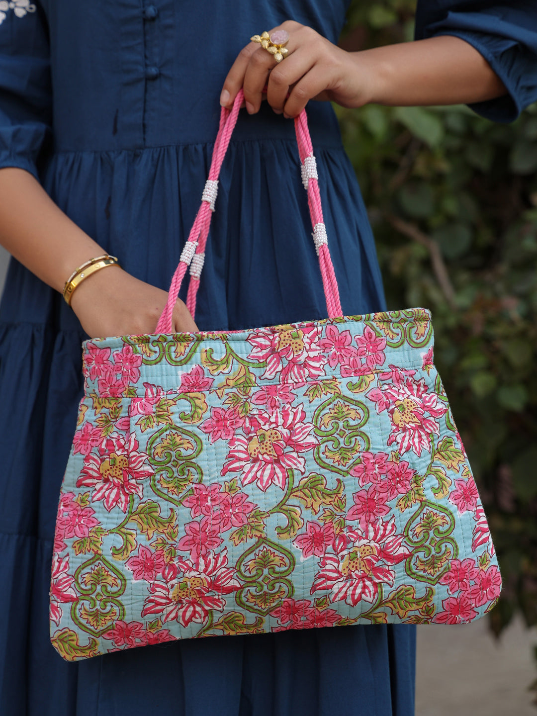 Ice-Blue Floral Shoulder Bag with Zip