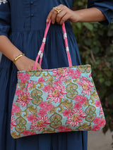 Ice-Blue Floral Shoulder Bag with Zip