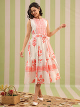 White & Pink Sleeveless Maxi Dress with Belt and Pockets