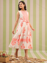 White & Pink Sleeveless Maxi Dress with Belt and Pockets