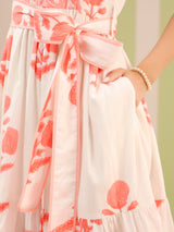 White & Pink Sleeveless Maxi Dress with Belt and Pockets