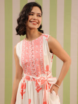 White & Pink Sleeveless Maxi Dress with Belt and Pockets