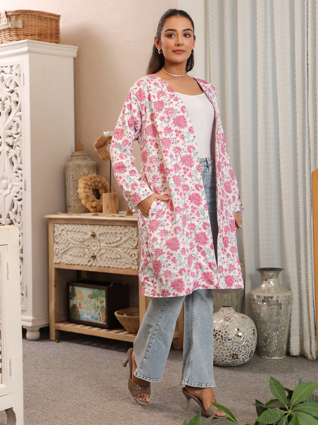 Pink Petal Handblock Printed Coat with Pockets