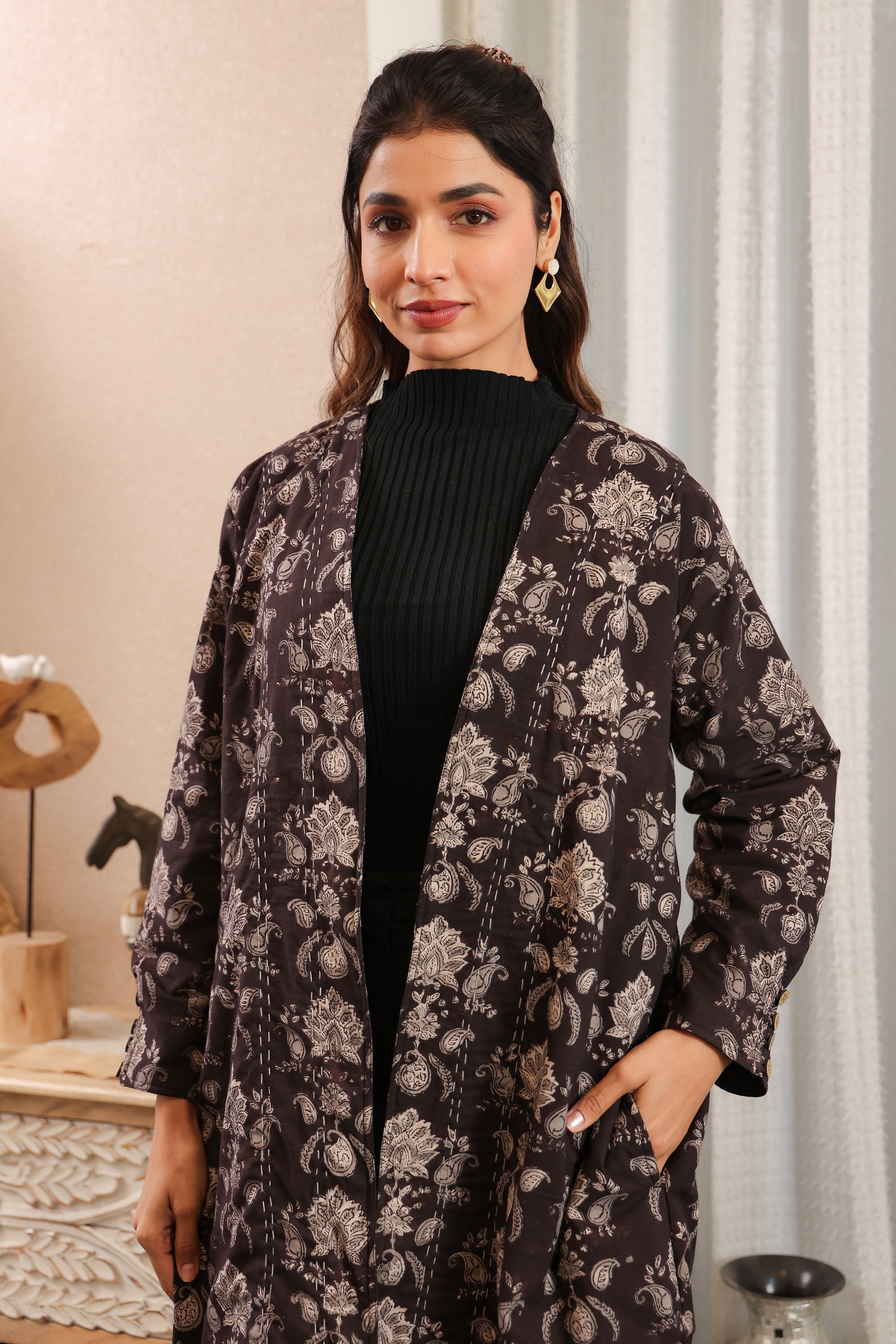 Midnight Meadow Handblock Printed Coat with Pockets