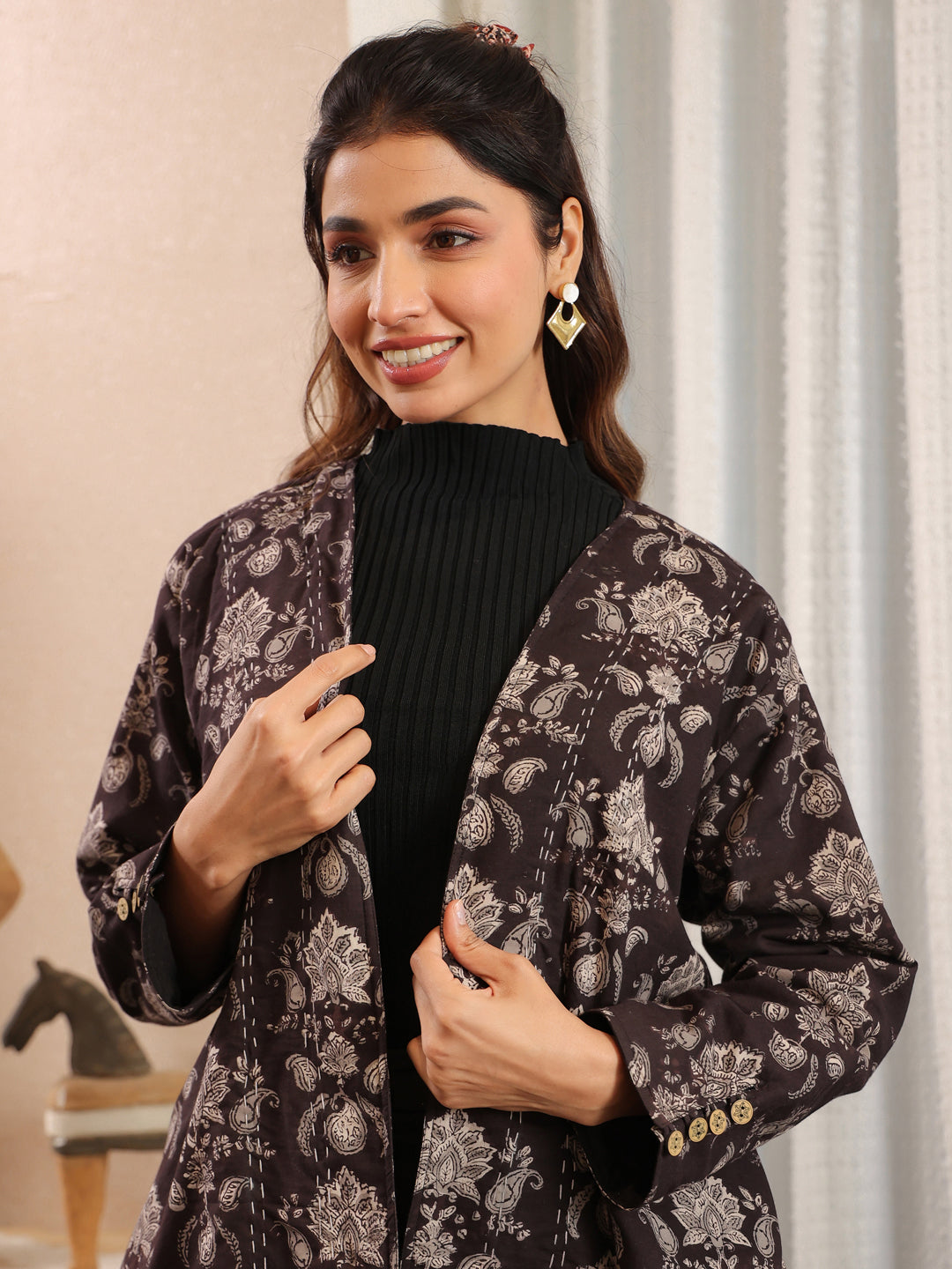 Midnight Meadow Handblock Printed Coat with Pockets