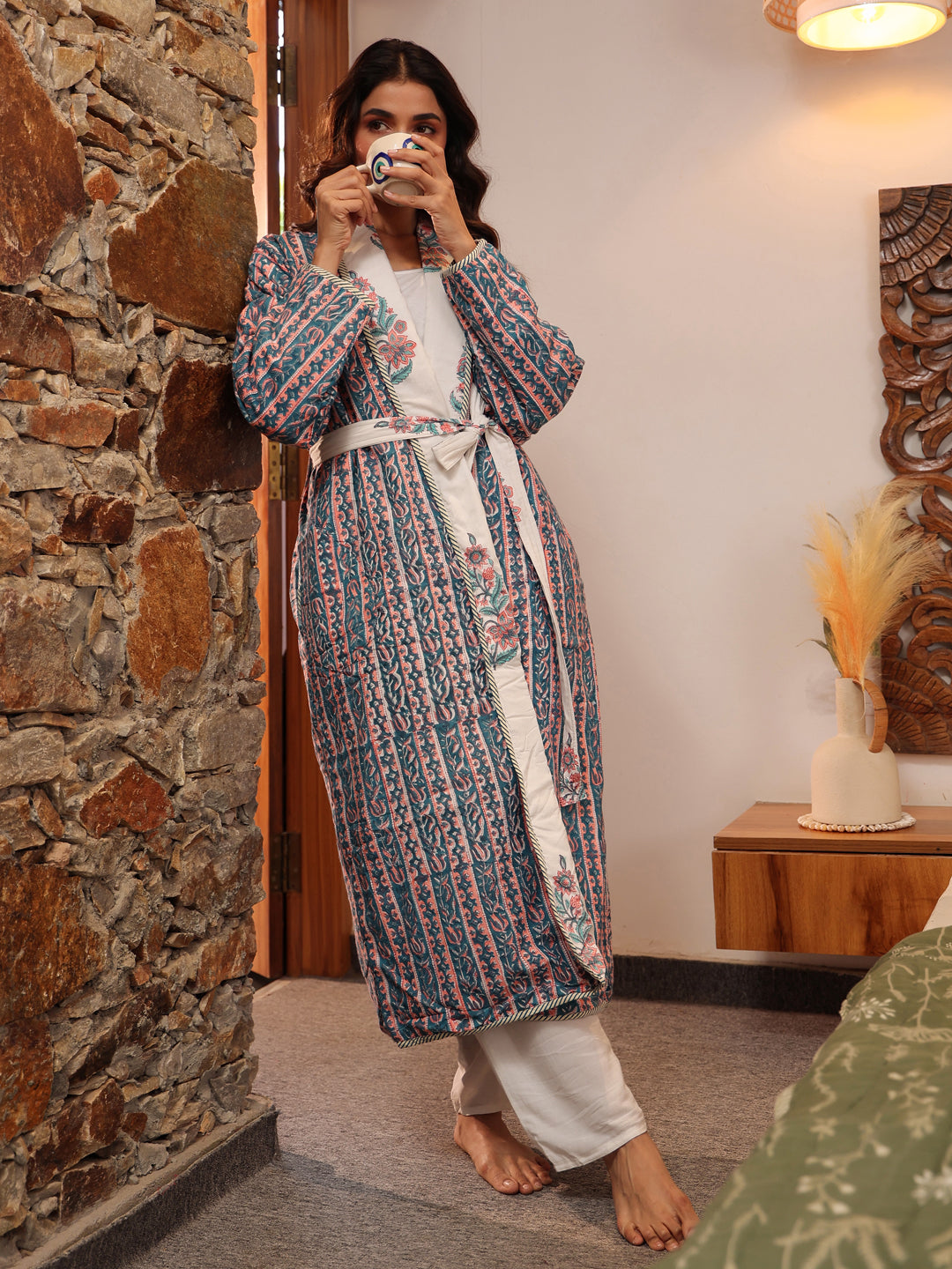 Sanganeri Serenity Printed Reversible Quilted Robes