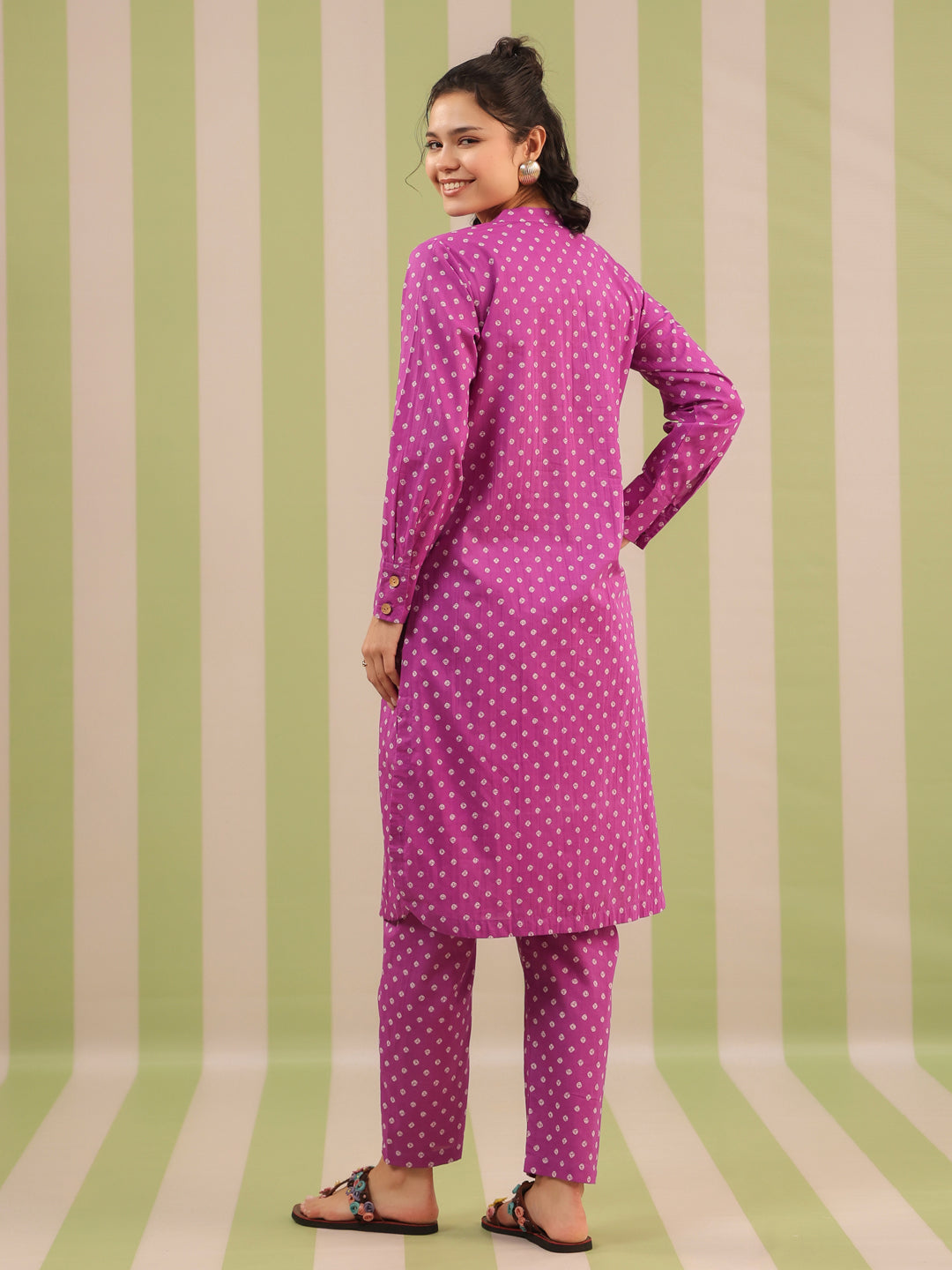 Purple Bandhej Printed Cotton Kurta and Pants Set