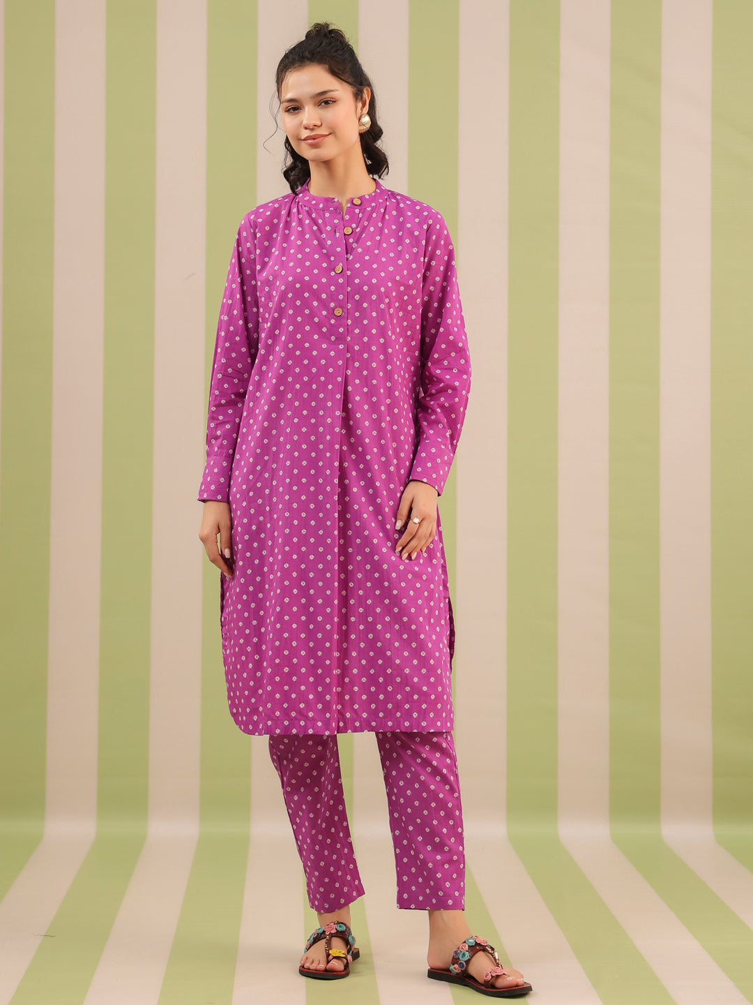 Purple Bandhej Printed Cotton Kurta and Pants Set