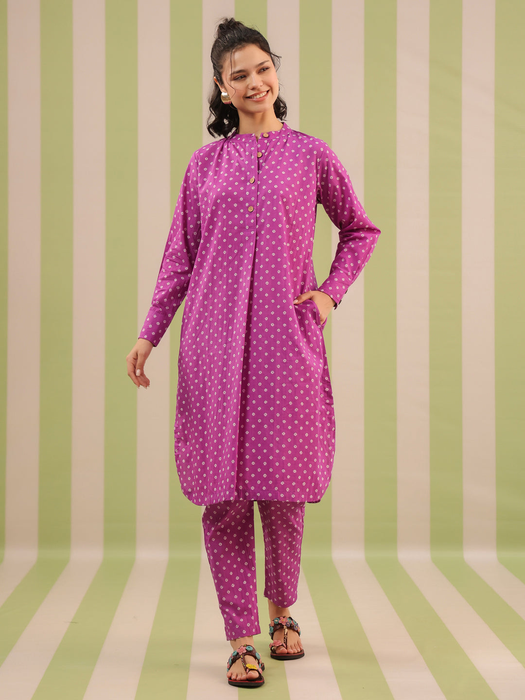 Purple Bandhej Printed Cotton Kurta and Pants Set