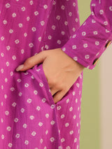 Purple Bandhej Printed Cotton Kurta and Pants Set