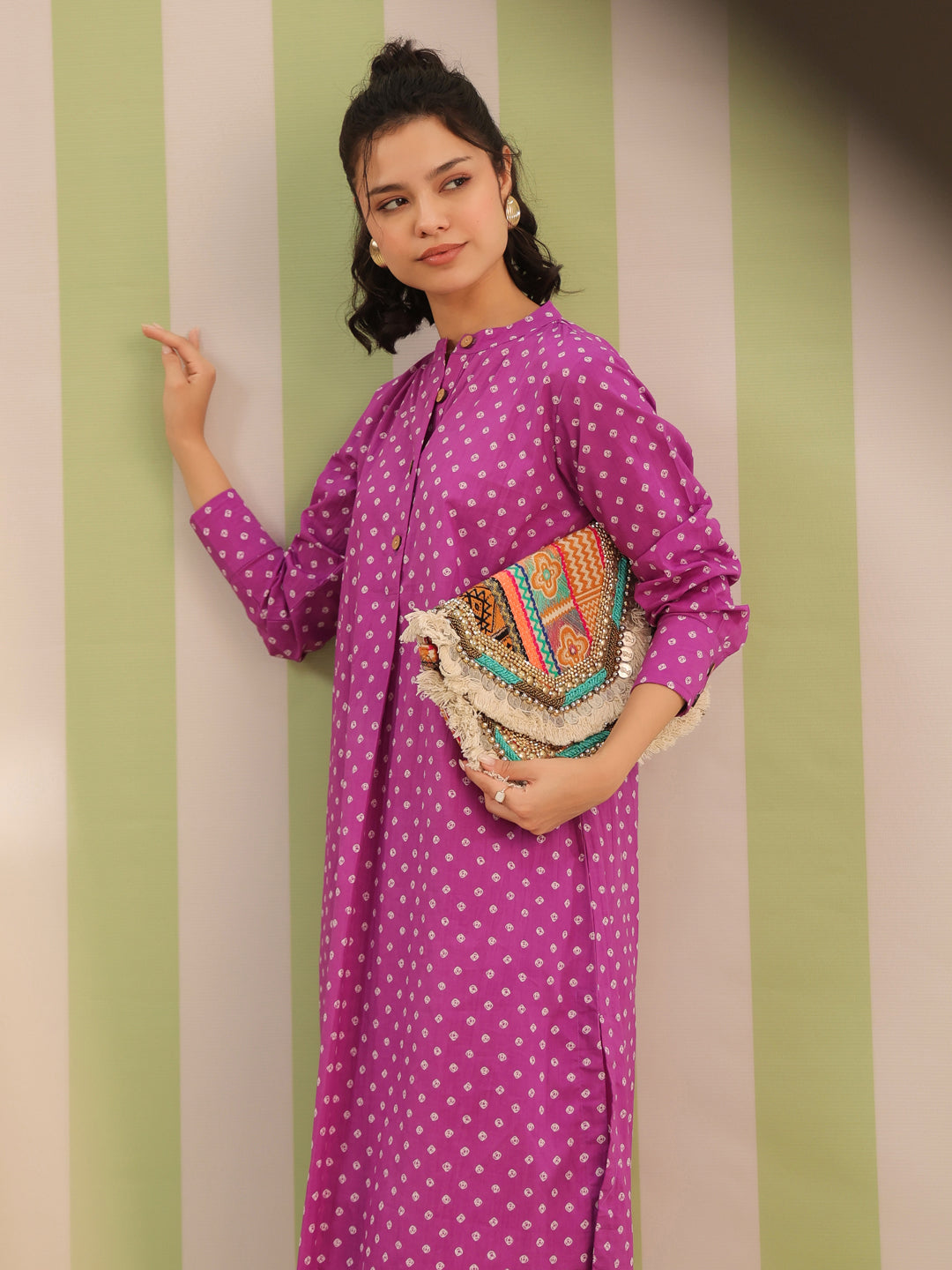 Purple Bandhej Printed Cotton Kurta and Pants Set