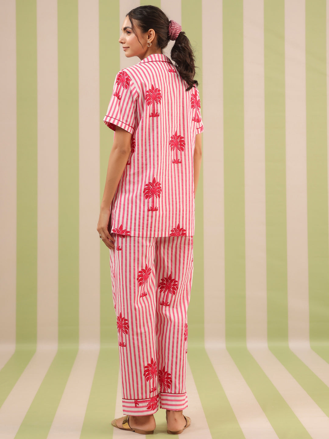 Pink Palm Printed Lounge Set (Half Sleeve Shirt & Pyjama)