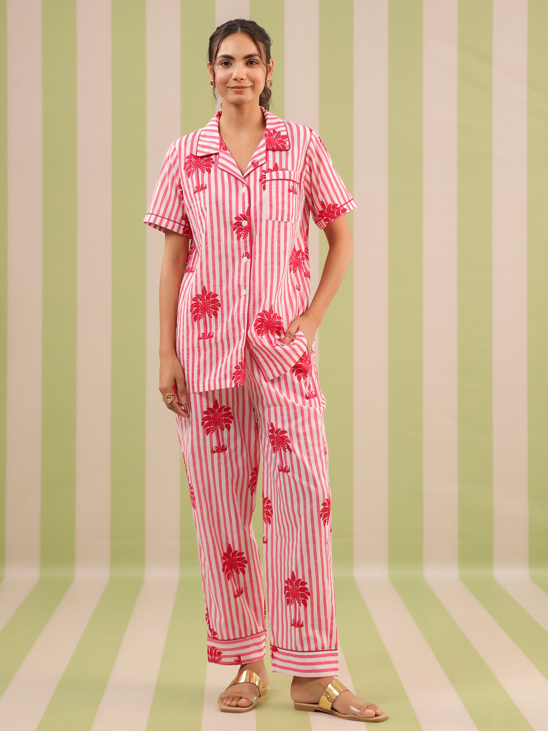 Pink Palm Printed Lounge Set (Half Sleeve Shirt & Pyjama)