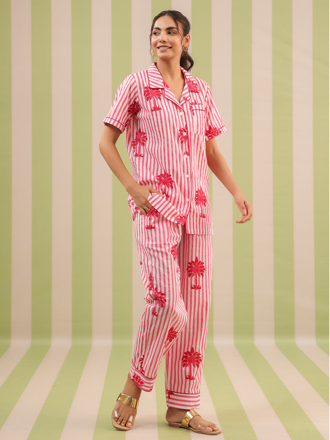 Pink Palm Printed Lounge Set (Half Sleeve Shirt & Pyjama)