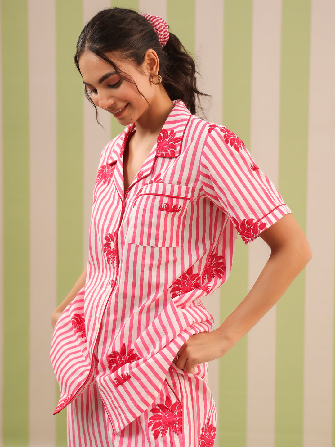 Pink Palm Printed Lounge Set (Half Sleeve Shirt & Pyjama)