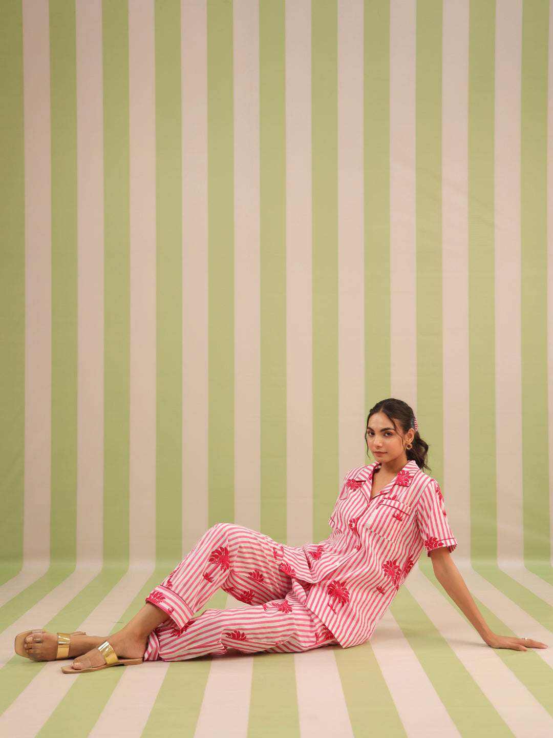 Pink Palm Printed Lounge Set (Half Sleeve Shirt & Pyjama)