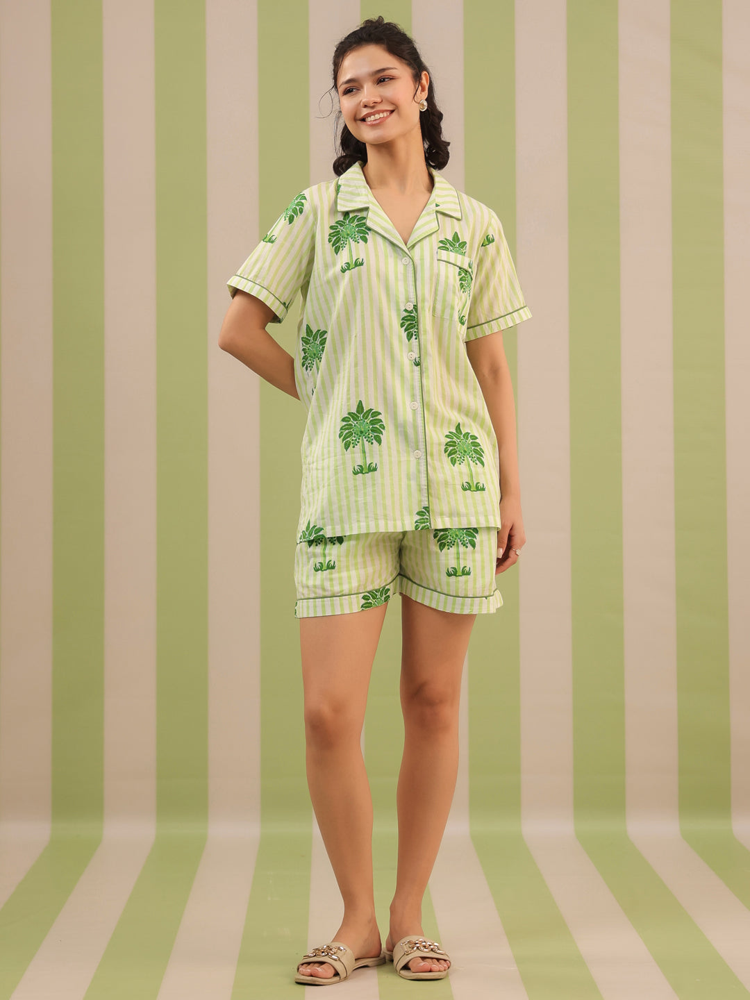 Green Palm Printed Short Lounge Set