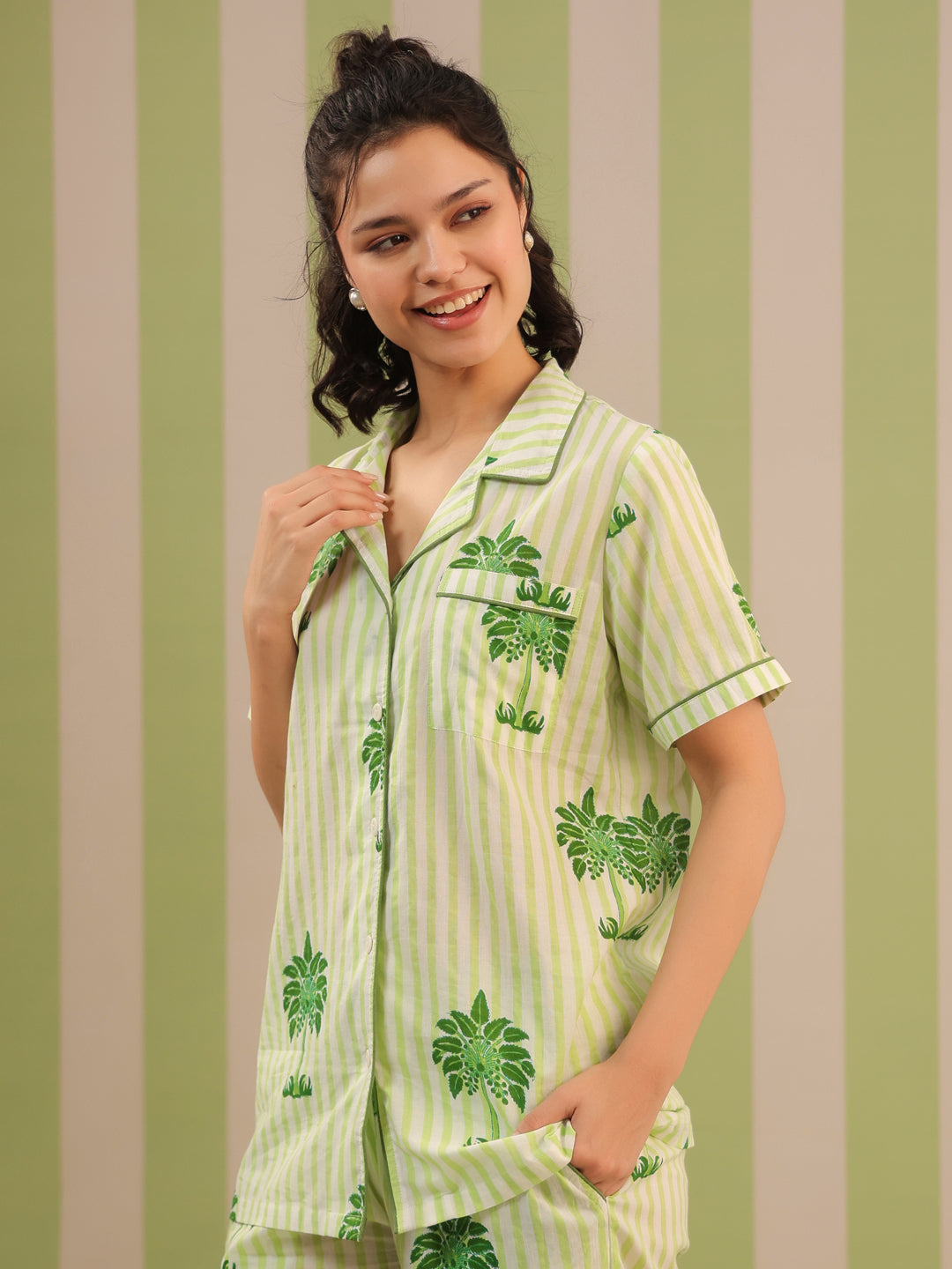 Green Palm Printed Short Lounge Set