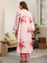 Lilac Polka Printed V-Neck Kurta Set with Dupatta