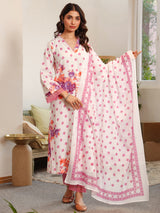 Lilac Polka Printed V-Neck Kurta Set with Dupatta