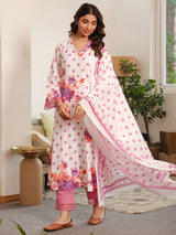 Lilac Polka Printed V-Neck Kurta Set with Dupatta