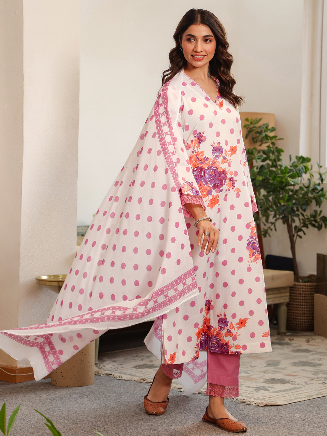 Lilac Polka Printed V-Neck Kurta Set with Dupatta