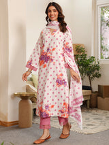 Lilac Polka Printed V-Neck Kurta Set with Dupatta