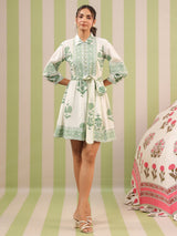 White & Green Mughal Motif Tiered Cotton Dress with Lining