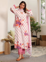 Lilac Polka Printed V-Neck Kurta Set with Dupatta
