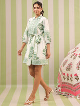 White & Green Mughal Motif Tiered Cotton Dress with Lining
