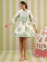 White & Green Mughal Motif Tiered Cotton Dress with Lining