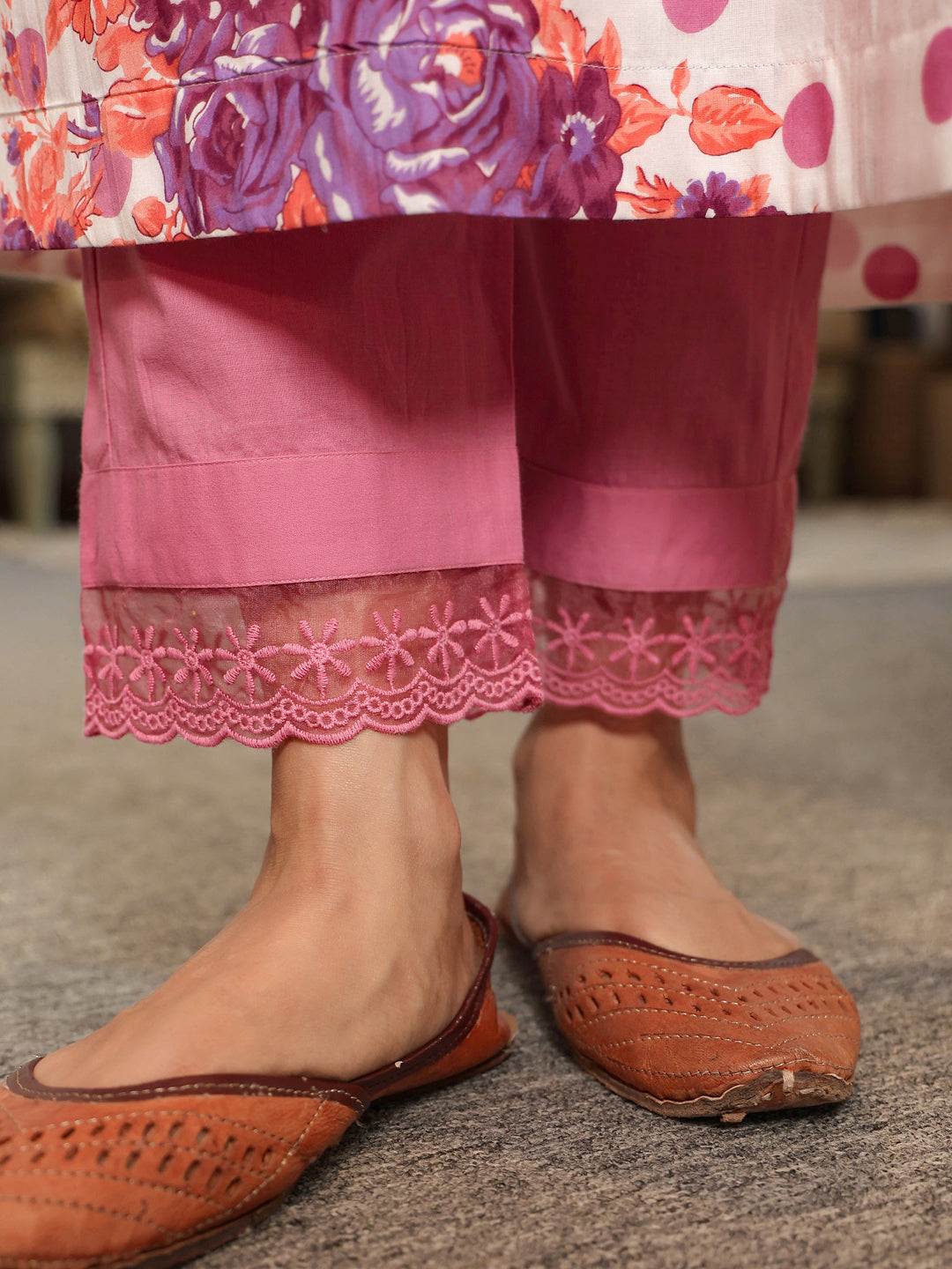 Lilac Polka Printed V-Neck Kurta Set with Dupatta