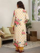 Yellow Polka Printed V-Neck Kurta Set with Dupatta