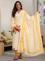 Yellow Polka Printed V-Neck Kurta Set with Dupatta