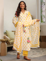 Yellow Polka Printed V-Neck Kurta Set with Dupatta
