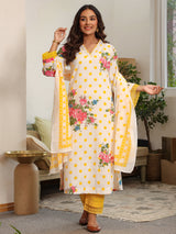Yellow Polka Printed V-Neck Kurta Set with Dupatta