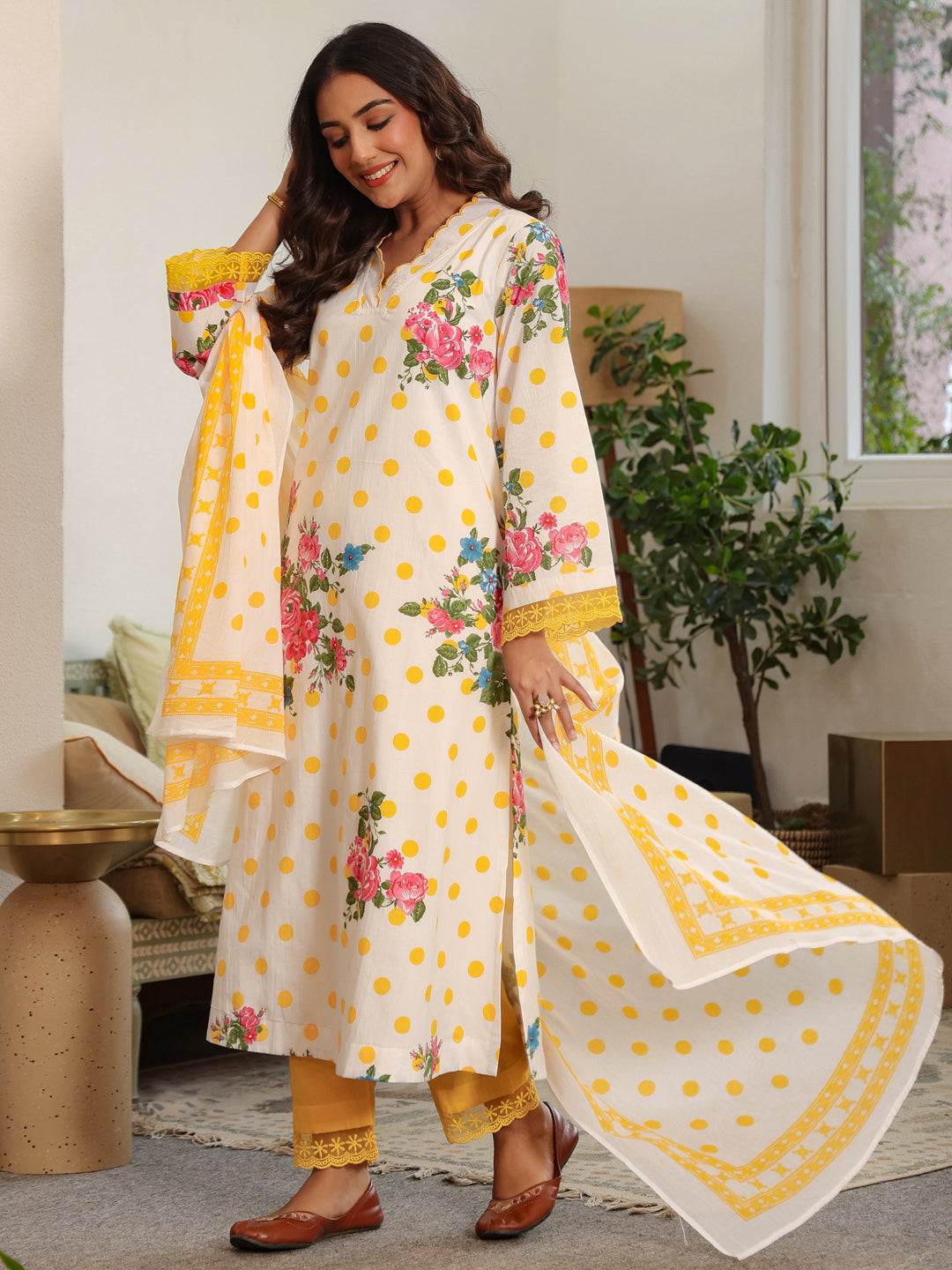 Yellow Polka Printed V-Neck Kurta Set with Dupatta