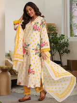 Yellow Polka Printed V-Neck Kurta Set with Dupatta