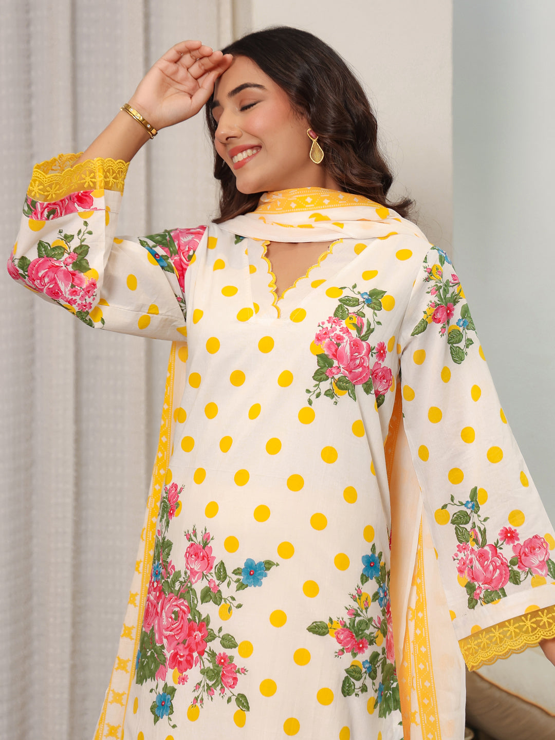 Yellow Polka Printed V-Neck Kurta Set with Dupatta